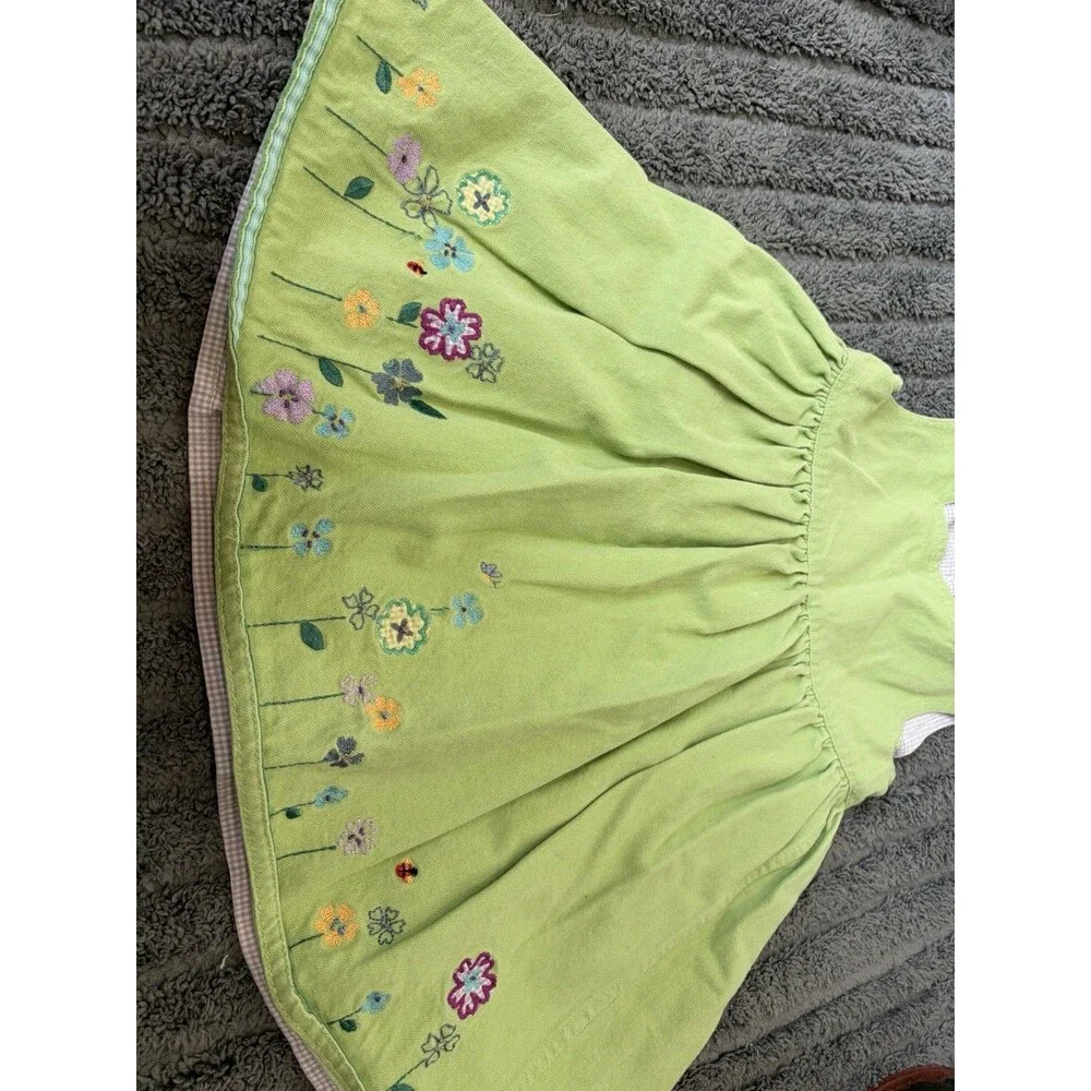 VTG Baby Gap Lime Green Heavy Cotton Denim Dress Floral Embroidered Lined Y2K 2T